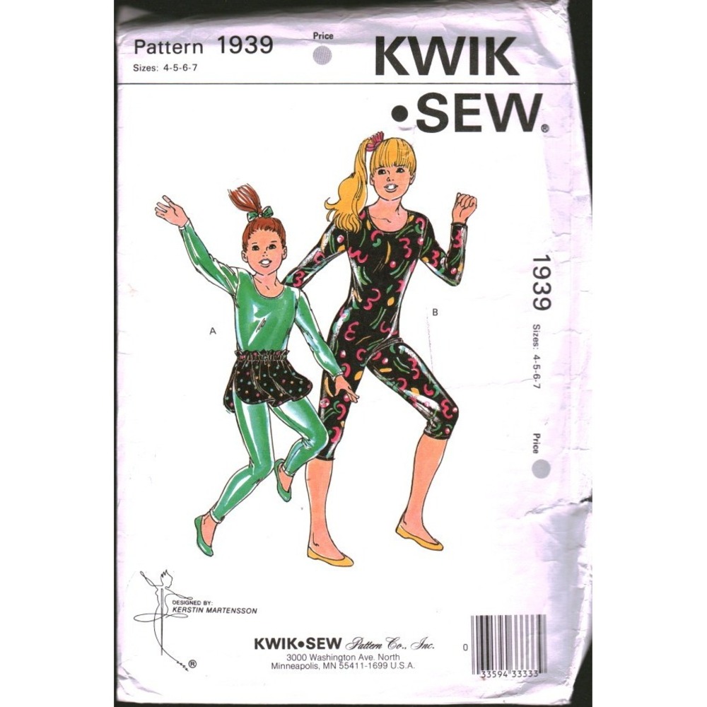 Kwik Sew 1939 Girls Unitards Skirt Sewing Pattern Kerstin Size 4-5-6-7